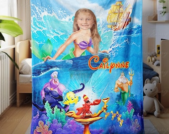 Disney Little Mermaid Ariel Personalized Blanket, Disney Princess Birthday Gift Blanket, Ariel Custom Face Throw, Disney Baby Shower Blanket