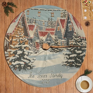 Custom Family Name Village Tree Skirt, Retro Holiday Cabin Tree Skirt, Cozy Winter Landscape Tree Skirt, Winter Wonderland Tree Skirt,MYJ900