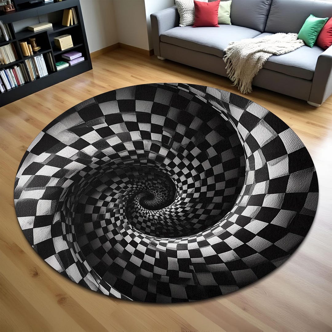 3D Round Striped Vortex Illusion Rug, Black and White Optical
