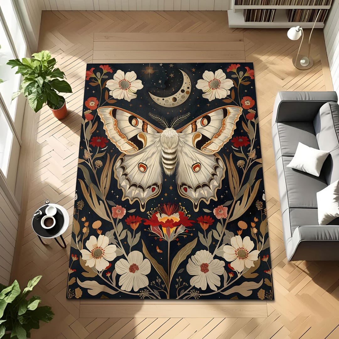 Moth Area Rug Dark Floral Lunar Moth Living Room Rug, Enchanted Celestial Insect ...