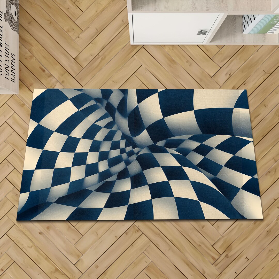 3d Pattern Rugs Optical Illusion Stripe 3D Rug, Blue Cream Checkerboard Wave Rug ...