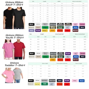 May include: A product image showcasing Gildan unisex t-shirts for adults, youth, and toddlers. The image includes size charts with measurements in inches and centimeters, along with a color palette featuring various hues like black, white, and navy.