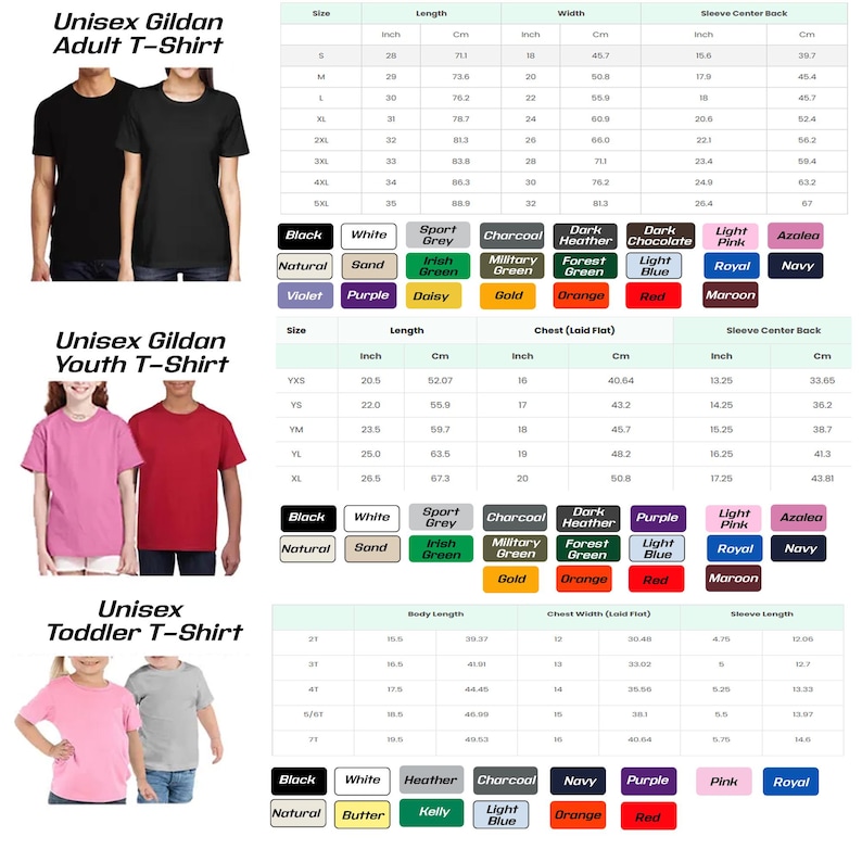 May include: A product image showcasing Gildan unisex t-shirts for adults, youth, and toddlers. The image includes size charts with measurements in inches and centimeters, along with a color palette featuring various hues like black, white, and navy.