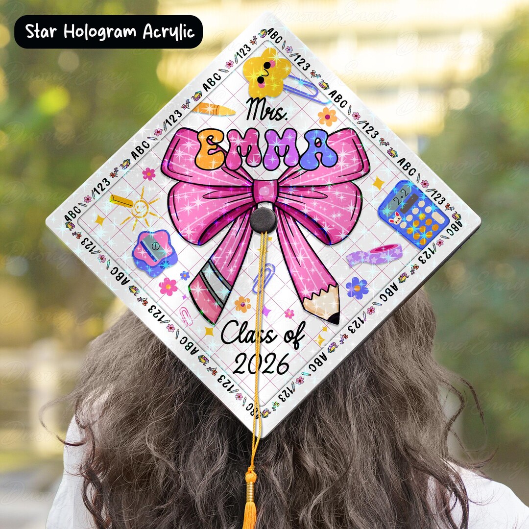 Custom Teacher Class Graduate Cap Topper, Coquette Pink Bow Grad Cap ...