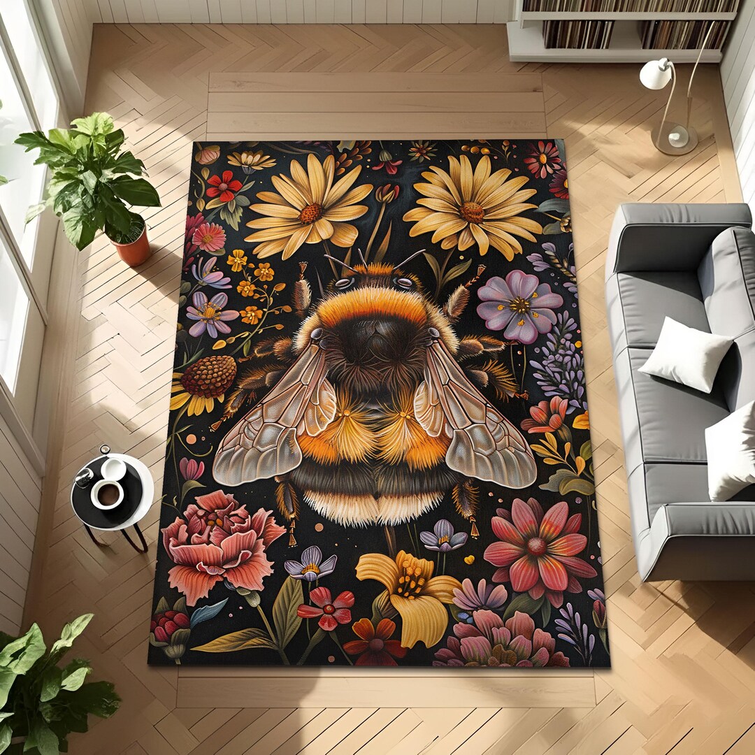 Bee Rug Green Dark Cottagecore Bumblebee Floor Rug, Flower Meadow Bumblebee Area ...