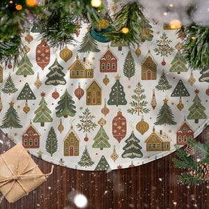 Jupe de sapin de Noël cabane rétro, jupe de sapin de village d'hiver confortable, jupe de Noël maison et sapin vintage, jupe de sapin de Noël rustique et chaleureuse, MYJ901