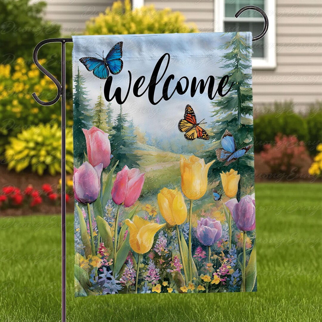 Colorful Spring Flowers Welcome Flag, Monarch Butterfly Spring Flag ...