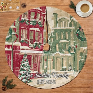 Personalized Winter Town Scene Tree Skirt, Cozy Holiday Village Tree Skirt, Christmas Cityscape Tree Skirt, Winter Skirt Home Decor, MYJ931