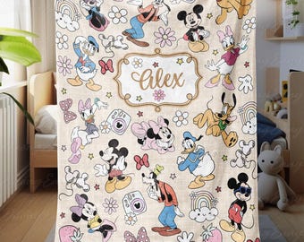 Mickey Characters Custom Kid Name Blanket, Mickey Minnie Donald Blanket, Daisy Pluto Goofy Blanket, Disney Brithday Gift For Kids, THA316-5