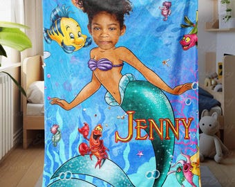 Little Mermaid Ariel Custom Face Blanket, Disneyland Princess Birthday Gift Blanket, Ariel Custom Face Blanket, Disney Baby Shower Blanket