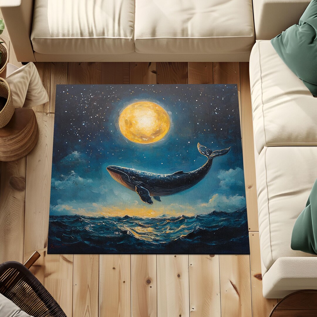 Starry Night Ocean Whale Rug, Deep Blue Waves Whale Carpet, Cosmic Sea ...