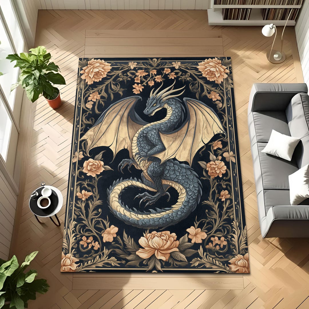 Dragon Small Rug Dark Floral Victorian Dragon Rug, Fairy Tale Dragon Living Room Rug ...