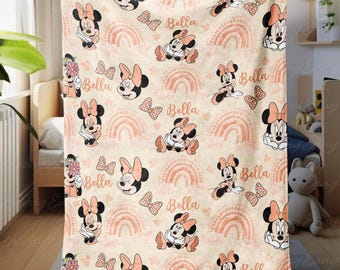 Disney Minnie Mouse Nursery Blanket, Custom Name Disney Blanket For Girl, Rainbow Minnie Mouse Throw, Holiday Gift For Disney Fans, THA317-6