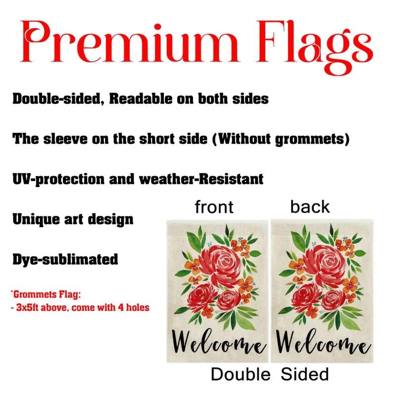 May include: A double-sided garden flag with a floral design featuring red roses and the word "Welcome" in black script. The flag is UV-protected and weather-resistant, with a unique art design. The flag is 3x5ft above and comes with 4 holes.
