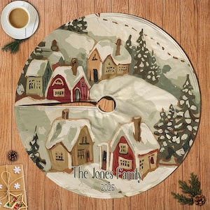 Jupe de sapin festive avec nom de famille personnalisé, Jupe de sapin de Noël de ski alpin, Jupe de sapin de Noël alpin confortable, Jupe de cabane rustique dans la neige, MYJ889