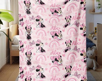 Pink Rainbow Minnie Blanket Custom, Cute Minnie Mouse Blanket With Name, Disney Character Blanket For Girls, Minnie Birthday Gift, THA317-1