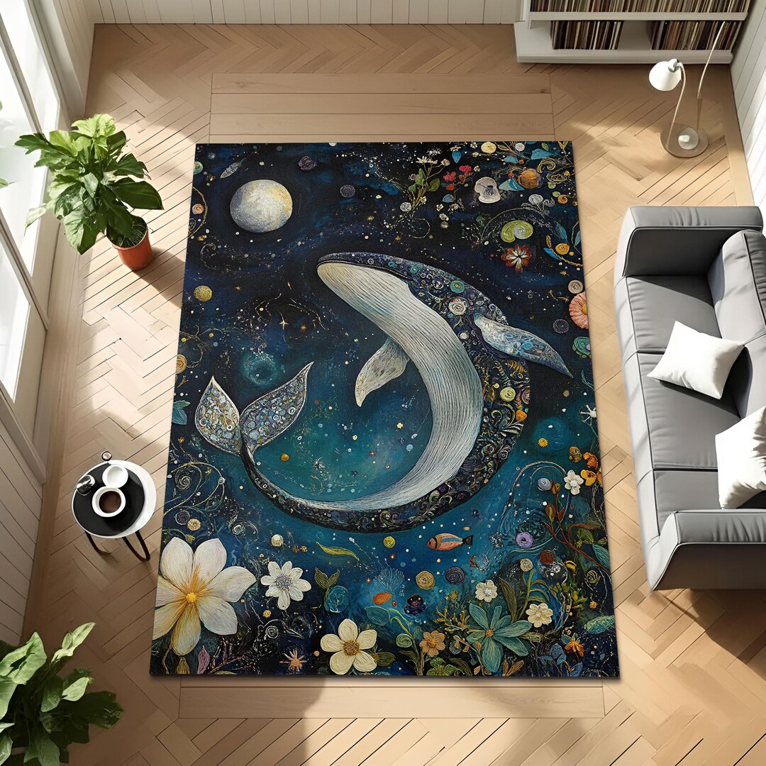 Cosmic Floral Whale Night Sky Rug, Starry Ocean Whale Botanical Rug ...