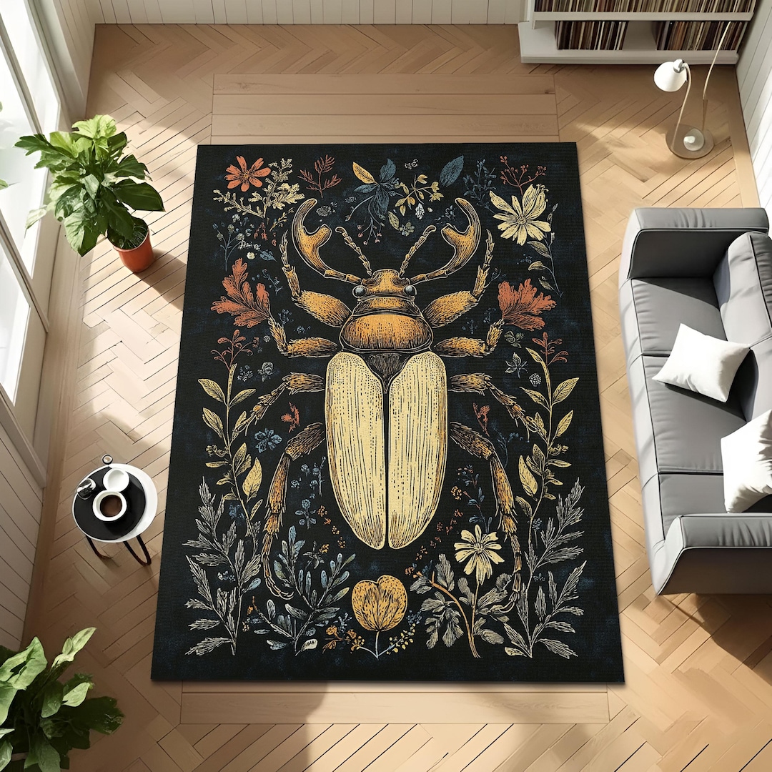 Cottage Garden Beetle Statement Rug, Dark Academia Insect Botanical Rug ...