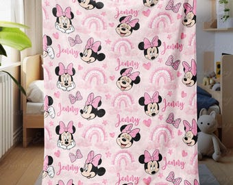 Minnie Mouse Baby Blanket Personalized, Minnie Mouse Kids Name Blanket, Minnie Mouse Girl Room Decor, Disney Mouse Birthday Gift, THA317-2