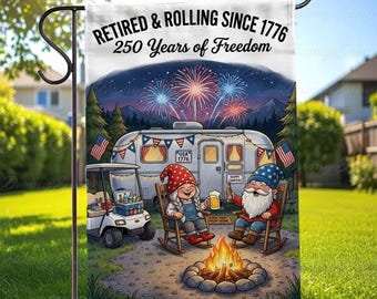 Retired Rolling Freedom Camper Flag, Patriotic Gnome Camper Flag, America Anniversary RV Campsite Flag, RV Fireworks Celebration Flag,MYF813