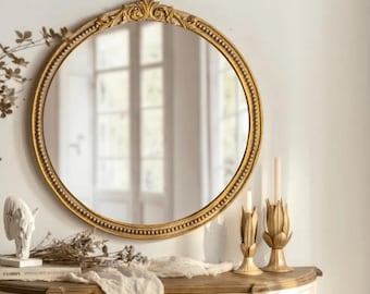 Marais Mirror, Round: French Gilt Gold Mirror With Elegant Details