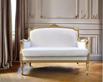 Gilt Gold French Loveseat: Hand-Carved Linen Settee