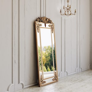 French Gilt Gold Floor Mirror with Intricate Carvings