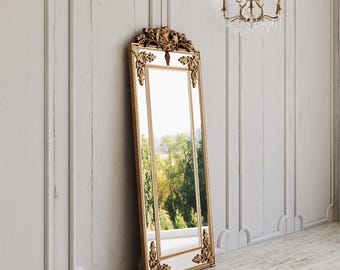 French Gilt Gold Floor Mirror with Intricate Carvings