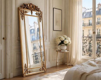 French Gilt Gold Floor Mirror with Intricate Carvings