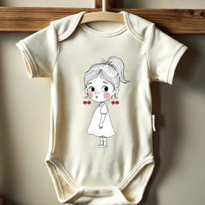 Baby Girl Bodysuit – Cute Cherry Earrings Illustration – Hand-Drawn Cartoon Design,Adorable Baby Onesie – Little Girl with Red Cheeks