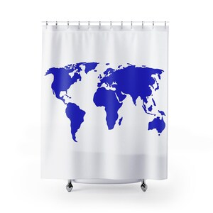 Rideau de douche carte du monde, décoration géographique, accessoire de salle de bain, thème du voyage, design bleu et blanc, cadeau pour amateur de voyage, salle de bain moderne