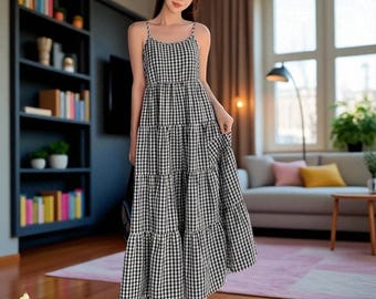 Women’s Gingham Spaghetti Strap Maxi Dress – Black & White Checkered Tiered Dress with Ruffled Hem, Summer Vacation Outfit