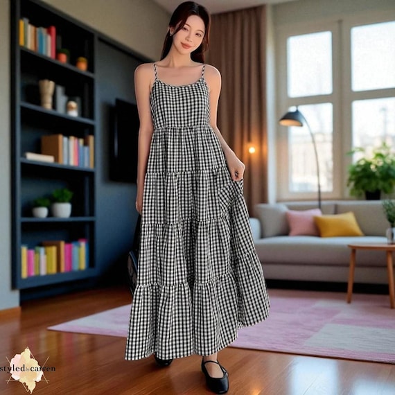 black gingham maxi dress Black Gingham Long Sleeve Midi Dress main image 0