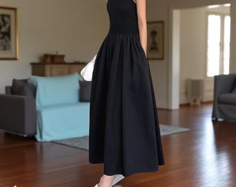 Daerling Women&#39;s Sleeveless A-Line Midi Dress – Patchwork Pleated Swing Skirt, Black Round Neck, All-Season Casual Wear, Machine Washable