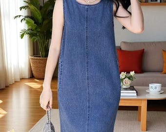 Women&#39;s Sleeveless Denim Dress – Relaxed Mid-Length Tunic with Pockets, Casual Summer Outfit, Non-Stretch Fabric