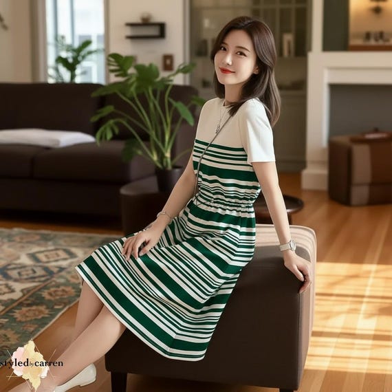 Striped A-line Dress: European Style Navy & White Knee-length - Etsy