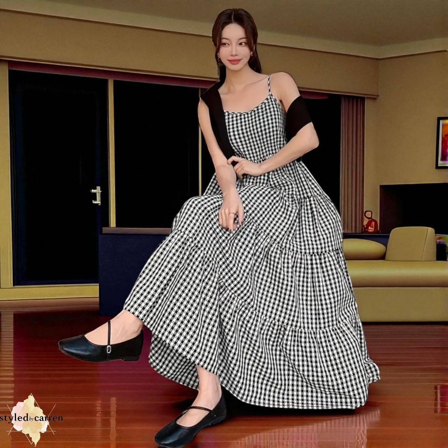 Gingham Maxi Dress: Black & White Checkered Tiered Summer Dress - Etsy