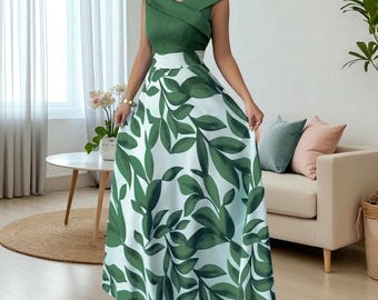 Elegant V-Neck A-Line Summer Dress with Pockets White & Green Leaf Print, Short Sleeve, Cinched Waist, Casual to Formal Women&#39;s Floral Dress