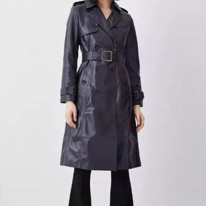 Trench-coat noir pour femme en cuir d'agneau véritable Trench-coat doux avec ceinture Trench slim fit Trench-coat pour femme Manteau en cuir véritable