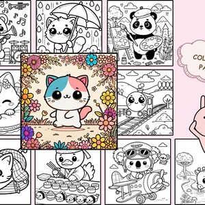 Kawaii Coloring Pages, 10 Fun & Relaxing Animal Designs, Digital coloring book, bold and simple,  Coloring Pages Bundle for Kids and Teens