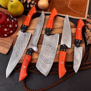 Personalized Damascus Steel Chef Set, Damascus Steel Chef Knifw Set For Christmas Gift, Damascus Handmade Kitchen Set For Mother Day Gift. G10 & Orange Wood