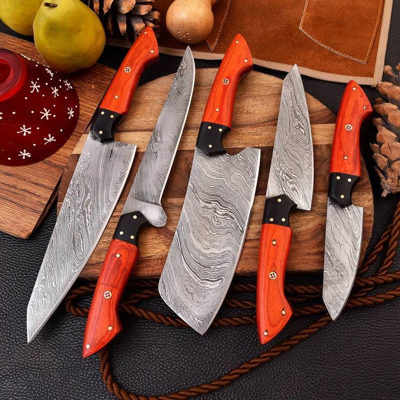 Personalized Damascus Steel Chef Set, Damascus Steel Chef Knifw Set For Christmas Gift, Damascus Handmade Kitchen Set For Mother Day Gift. G10 & Orange Wood