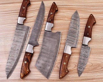 Custom Handmade Damascus Steel BBQ Chef Knife Set With Mahogany Wood Handles Cooking Knife Set Handcrafted Anniversary Gift Birthday Gift