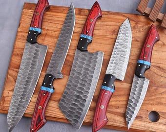 HANDMADE Damascus Steel Chef Knife Set, Kitchen Knives | Chef Knife Set, Handmade 5 Pcs Luxury Damascus Knife Gift for Him, Christmas Gifts.