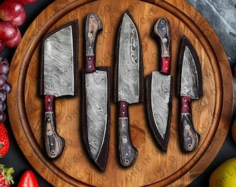 Hand Forged Damascus Steel Chef Knife Set, Kitchen Knives | Chef Knive Set, Handmade 5 Pcs Luxury Damasuc Knife Gift for him, Gifts for her