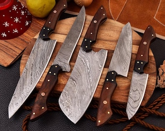 Unique Handmade Damascus Steel Chef Knives Set, Damascus chef knife, 5PCs set, Damascus kitchen knives Set, USA/UK Gift For Her/Him/Husband