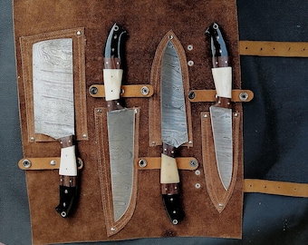 Damascus Chef Knife 4 Pc Set - Best Gift - Damascus Kitchen Knives Set with High Quality Steel Perfect Gift for loved ones Free Leather Roll
