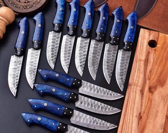 Handmade steak knives set 12 Pcs Damascus steel steak Blades Wood Bbq Steak Knives Anniversary gifts,Best Gift Idea Father Turquoise Handle