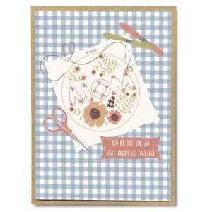 Mother’s Day Embroidery Hoop Card – Crafty Mom, Sewing Gift for Mom, Floral Embroidery Illustration for Maker Mom, Gingham Card