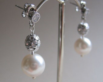 Classic Pearl Drop Earrings -  Double Drop Earrings - Silver Earrings with Crystal Bead Accents - Vintage Inspired Earrings